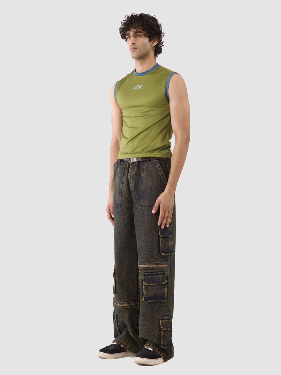 【YOURNUS】Cigar String Cargo Half Denim Denim Cargo Jeans (CARGO-DENIM-GREY-GREEN)