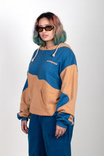 COW PATCHWORK HOODIE- BLUE/SAND