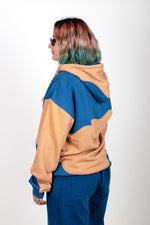 COW PATCHWORK HOODIE- BLUE/SAND